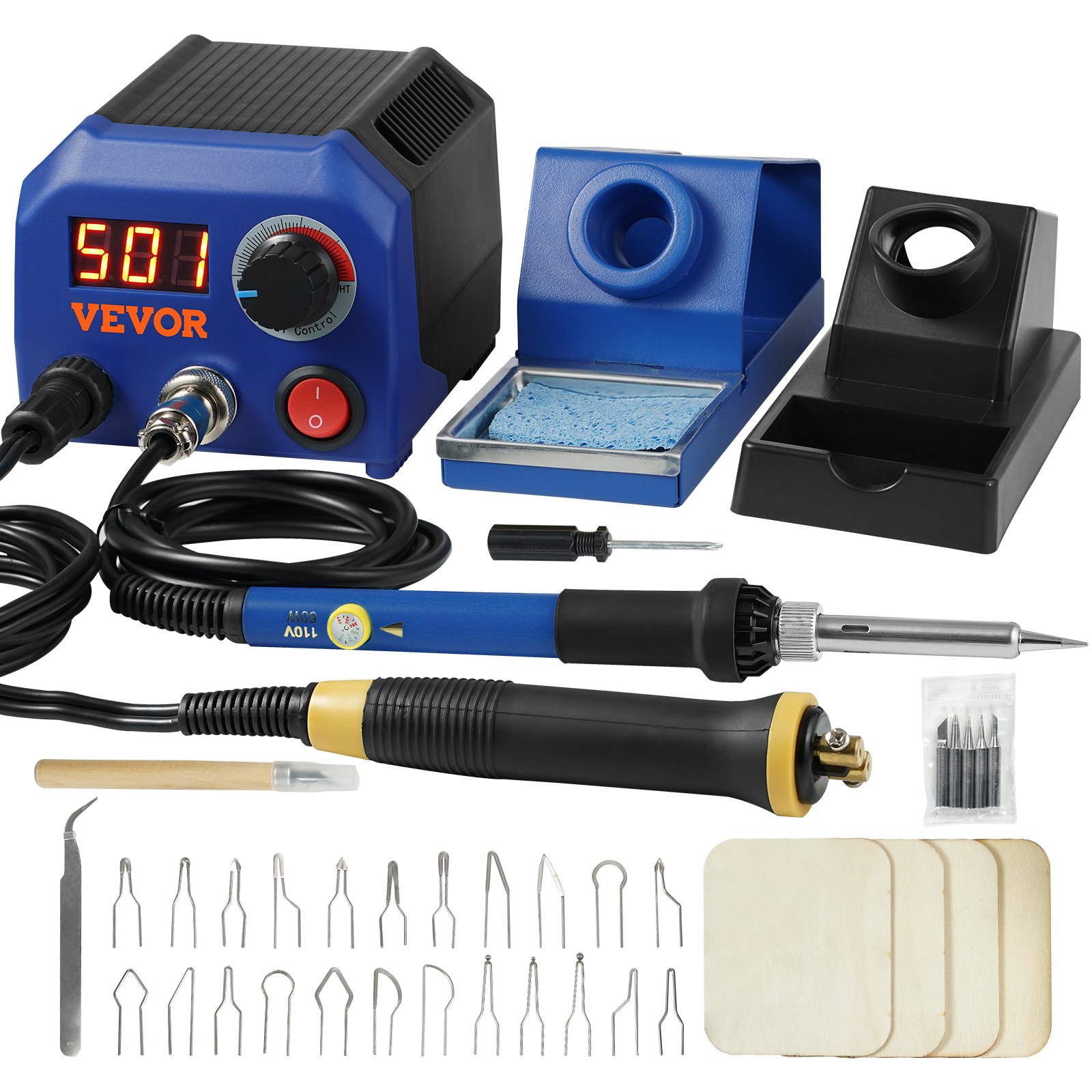 VEVOR Kit de Pirograbado de Madera 200~700 °C Máquina de Pirograbado Profesional Ajustable Pantalla Digital con 2 Puertos 2 Bolígrafos 23 Puntas de Alambre 5 Puntas Sólidas para Madera, Cuero, Corcho