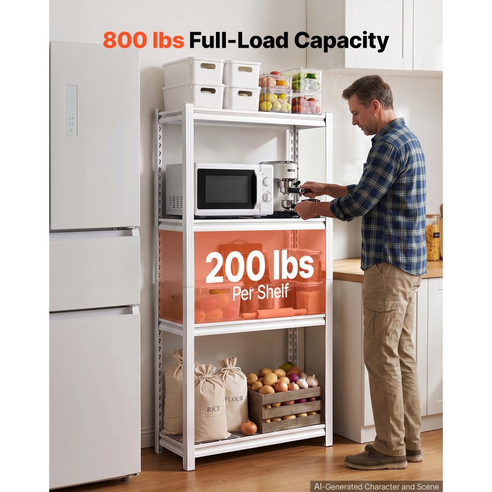 VEVOR Storage Shelves, 4-Tier Garage Shelving Wheels 76.2 x 31.3 x 160 cm, for Garage, Basement, Warehouse, Kitchen, 362.9 kg Static Load, Heavy-Duty Metal Unit, Adjustable Racks, with Gloves, White