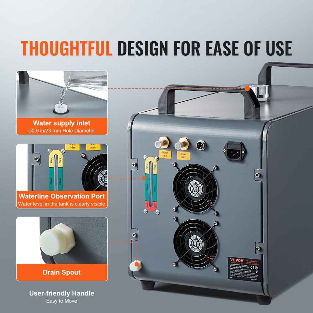 VEVOR Industrial Water Chiller, KH-6000, 200 W industrial water chiller cooling system with compressor, 12 l water tank capacity, 7.8 l/min max. flow rate, for cooling machines for CO2 laser engraving machines