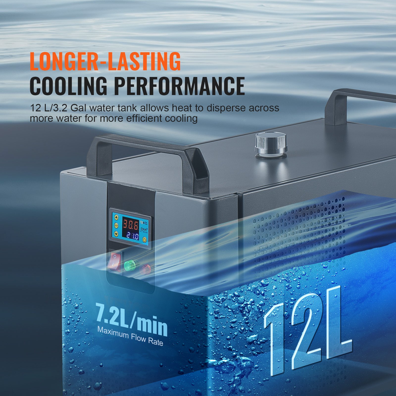 VEVOR Enfriador de Agua Industrial KH-6000 Sistema de Refrigeración por Agua Industrial 200 W con Compresor Tanque de Agua de 12 L 7,8 l/min para Máquina de Refrigeración de Grabado Láser de CO2