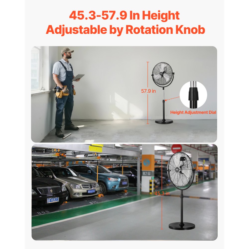 VEVOR Ventilador de Pedestal 56 cm Ventilador de Pie Altura Ajustable de 115 a 147 cm, 3 Velocidades 7,3 m/s, de Alta Potencia, para Sala de Estar, Hogar, Oficina, Negro, 560 x 425 x 1470 mm