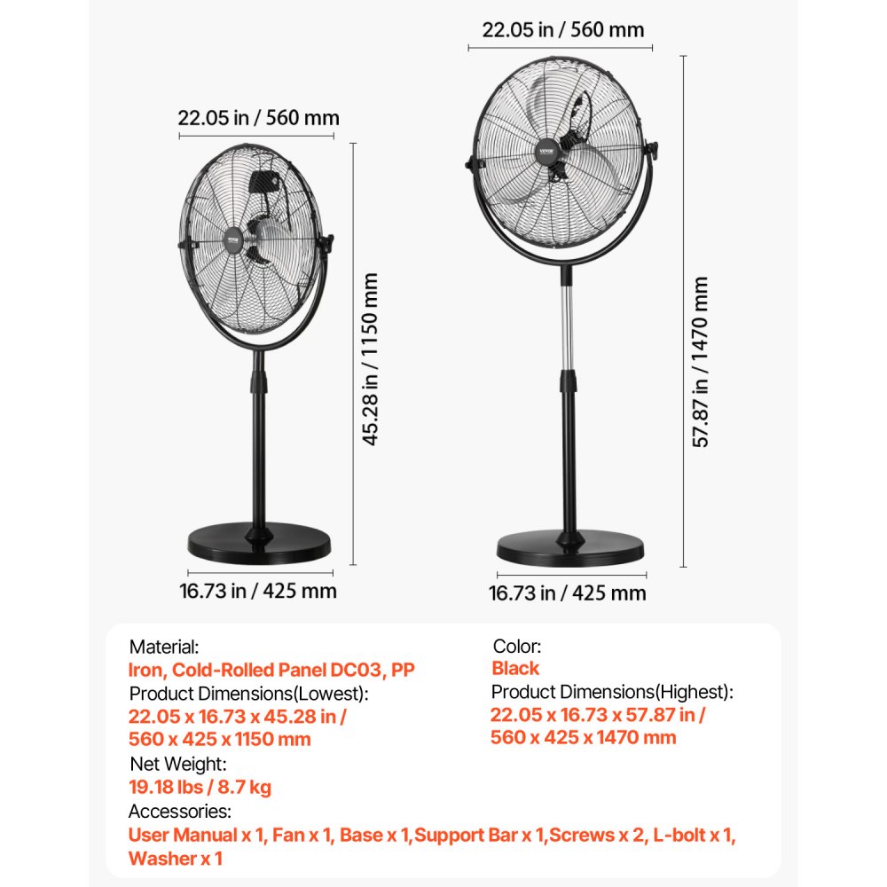 VEVOR Ventilador de Pedestal 56 cm Ventilador de Pie Altura Ajustable de 115 a 147 cm, 3 Velocidades 7,3 m/s, de Alta Potencia, para Sala de Estar, Hogar, Oficina, Negro, 560 x 425 x 1470 mm