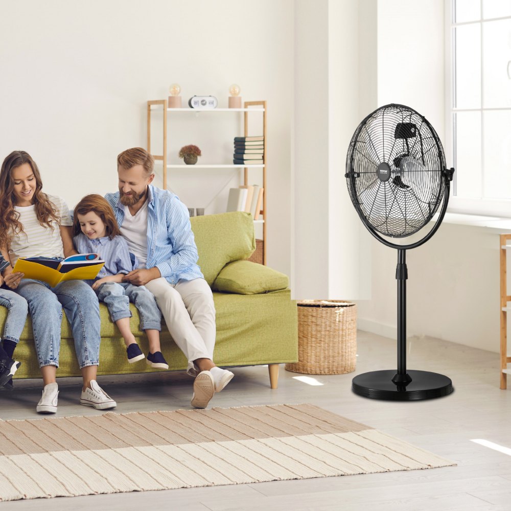 VEVOR Ventilador de Pedestal 56 cm Ventilador de Pie Altura Ajustable de 115 a 147 cm, 3 Velocidades 7,3 m/s, de Alta Potencia, para Sala de Estar, Hogar, Oficina, Negro, 560 x 425 x 1470 mm