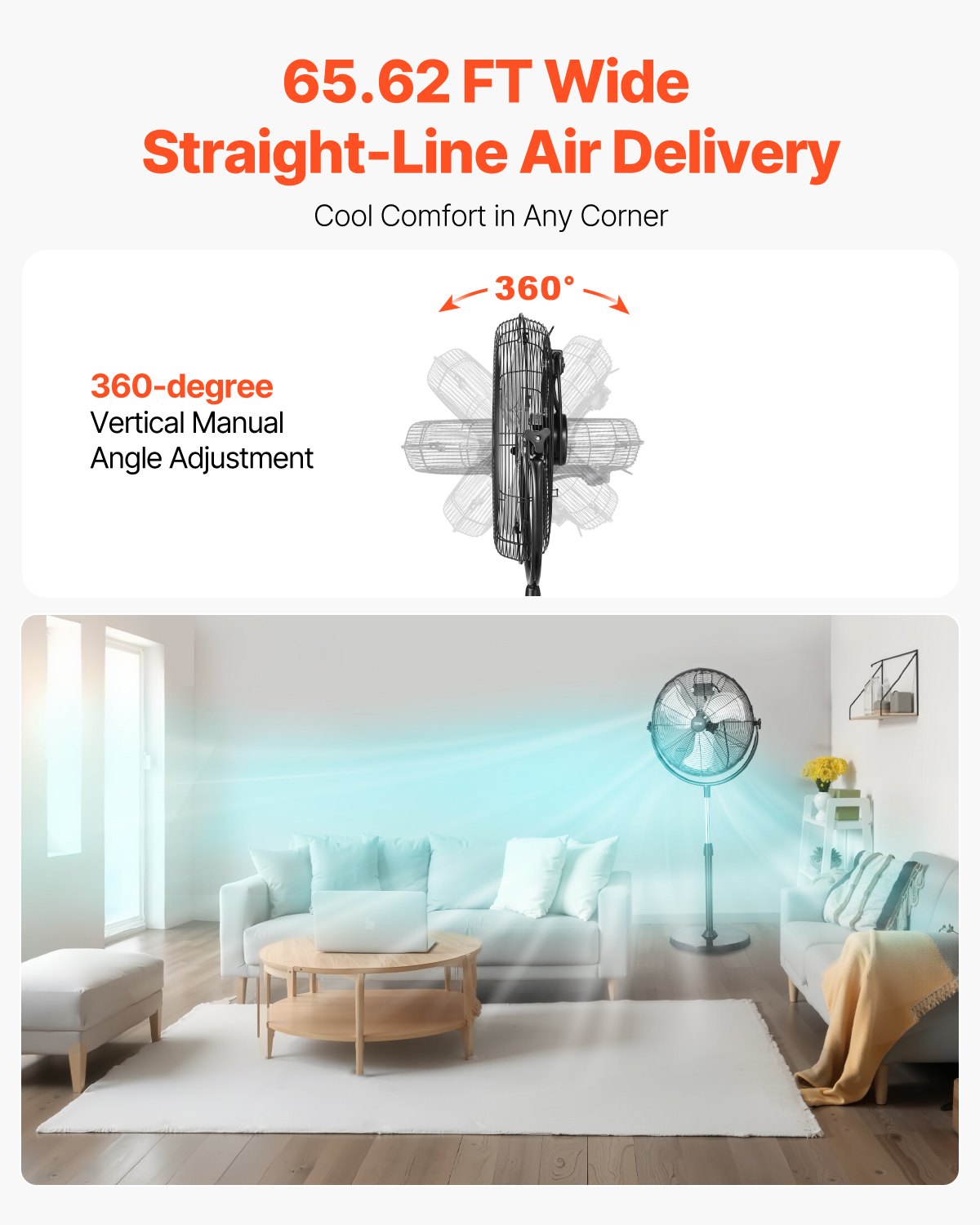 VEVOR Ventilador de Pedestal 56 cm Ventilador de Pie Altura Ajustable de 115 a 147 cm, 3 Velocidades 7,3 m/s, de Alta Potencia, para Sala de Estar, Hogar, Oficina, Negro, 560 x 425 x 1470 mm