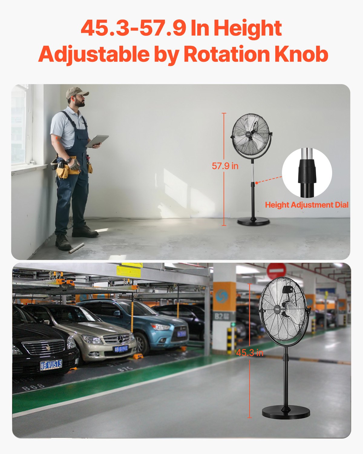 VEVOR Ventilador de Pedestal 56 cm Ventilador de Pie Altura Ajustable de 115 a 147 cm, 3 Velocidades 7,3 m/s, de Alta Potencia, para Sala de Estar, Hogar, Oficina, Negro, 560 x 425 x 1470 mm