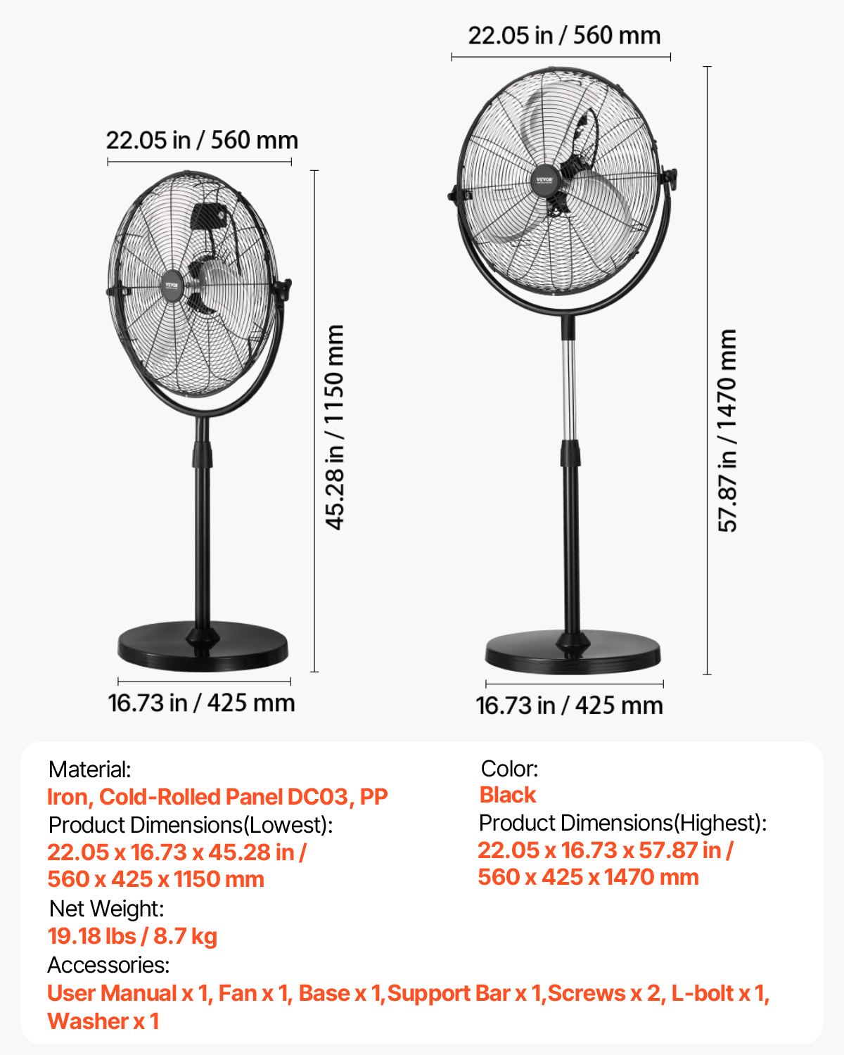VEVOR Ventilador de Pedestal 56 cm Ventilador de Pie Altura Ajustable de 115 a 147 cm, 3 Velocidades 7,3 m/s, de Alta Potencia, para Sala de Estar, Hogar, Oficina, Negro, 560 x 425 x 1470 mm