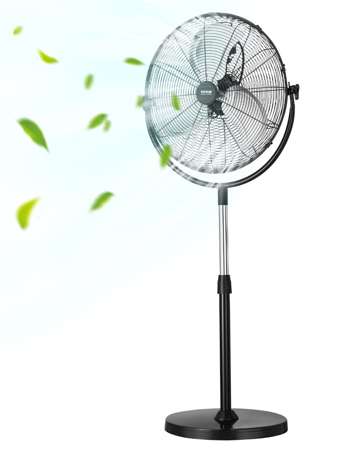 VEVOR Ventilador de Pedestal 56 cm Ventilador de Pie Altura Ajustable de 115 a 147 cm, 3 Velocidades 7,3 m/s, de Alta Potencia, para Sala de Estar, Hogar, Oficina, Negro, 560 x 425 x 1470 mm