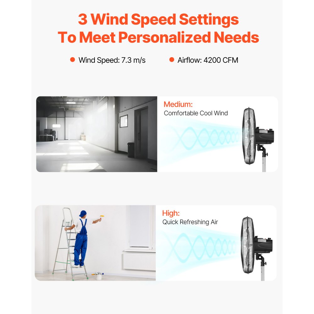 VEVOR Industrial Pedestal Fan, 570 mm, 90-Degree Oscillating Fan, Height-Adjustable Fans with 3 Adjustable Speeds, Wind Machine for Workshop, Warehouse, Black