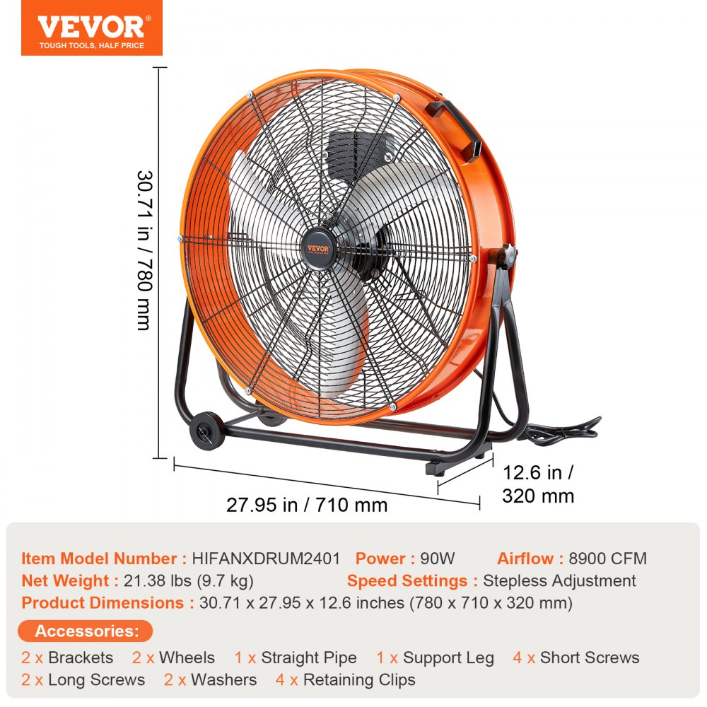 VEVOR Ventilador de Tambor Industrial de Alta Velocidad para Taller, Uso Comercial de Alta Resistencia, Velocidad Infinitamente Variable 8900 CFM, con Inclinación Ajustable de 360°, 780 x 710 x 320 mm
