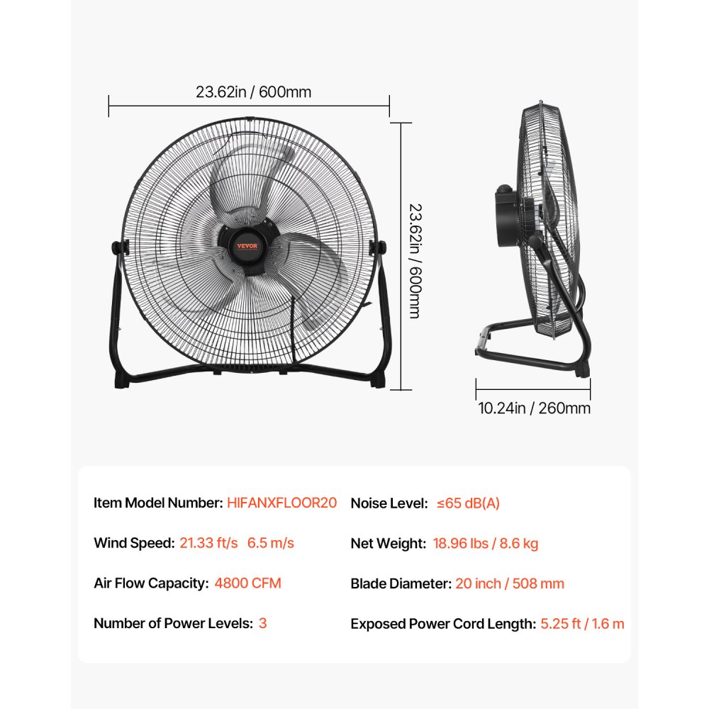 VEVOR Ventilador de Piso, 3 Velocidades, Alta Velocidad, Resistente, 4800 CFM, Inclinación de 360°, Flujo Aire 6,5 m/s, para Gimnasio, Hogar, Garaje, Tienda Comercial, 600 x 260 x 600 mm, 2 uds