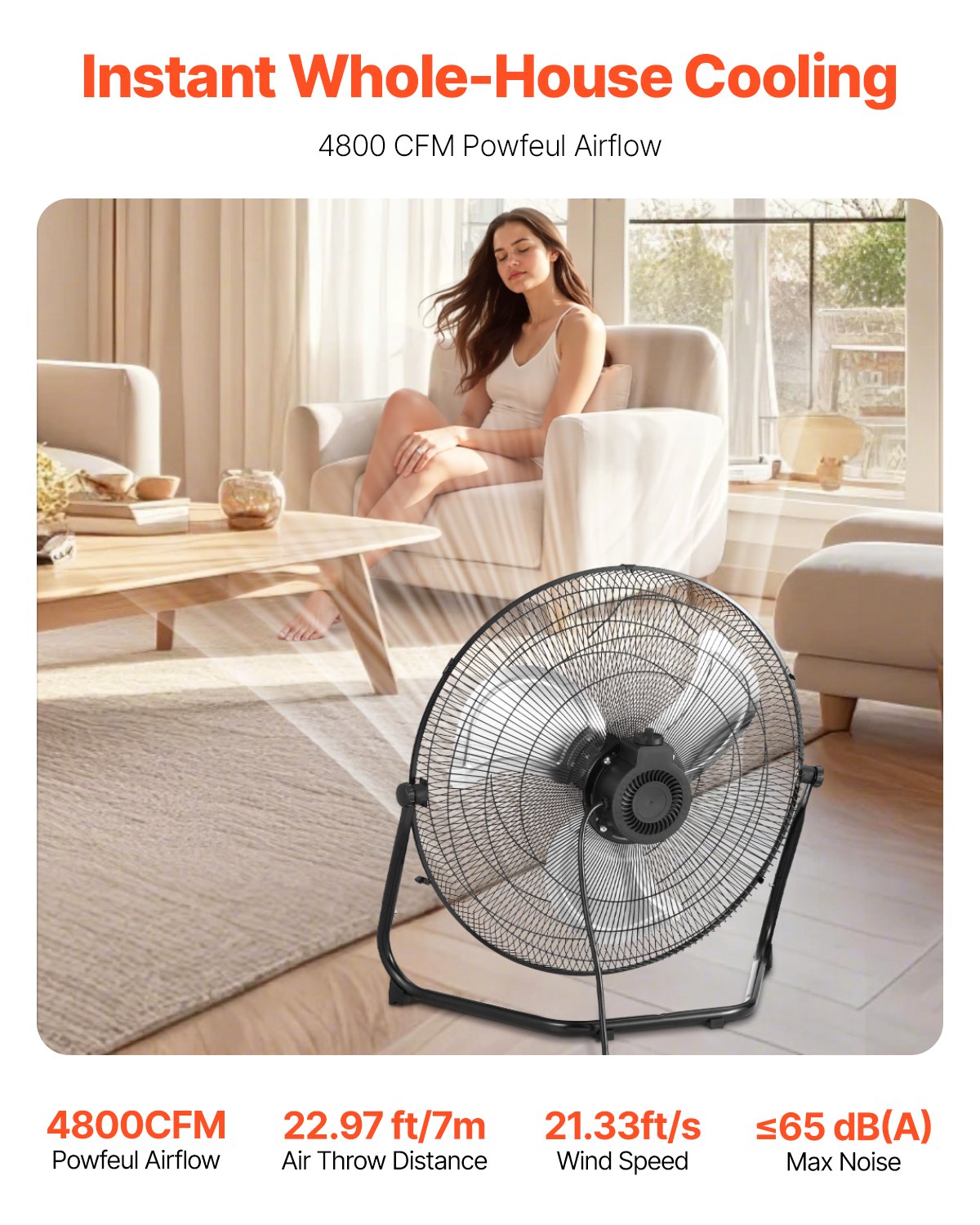 VEVOR Ventilador de Piso, 3 Velocidades, Alta Velocidad, Resistente, 4800 CFM, Inclinación de 360°, Flujo Aire 6,5 m/s, para Gimnasio, Hogar, Garaje, Tienda Comercial, 600 x 260 x 600 mm, 2 uds