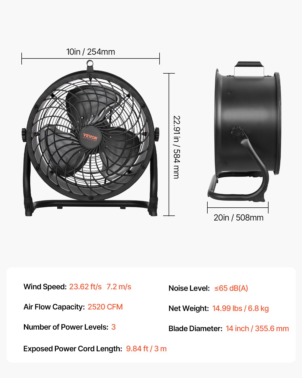 VEVOR Floor Fan, 3 Speeds, Wind Machine, 355.6mm, 360° Adjustable Tilt, 7.2 m/s Airflow, Large Metal Fan, for Home, Gym, Office, Garage, Commercial Premises