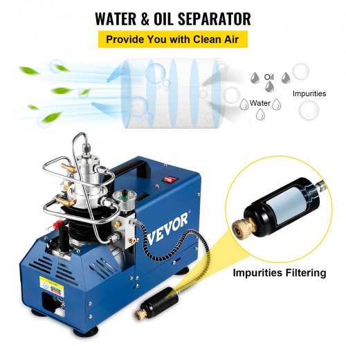 VEVOR Bomba PCP Eléctrica 300 BAR 30 MPa 4500 PSI Compresor de Aire de Alta Presión 1800W Bomba de Aire de Alta Presión 37x18x40 cm Apagado Automático, Separador de Agua y Aceite para Tanque de Buceo