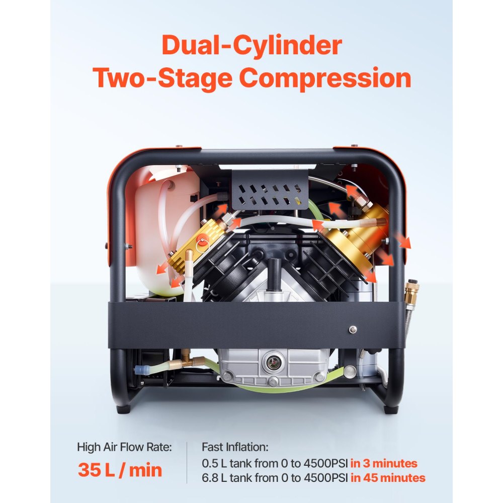 VEVOR PCP Air Compressor, 4500PSI/30Mpa Diving Scuba Tank Air Compressor, Double Cylinder Auto-Stop PCP Diving Compressor with Built-in Water & Fan Cooling System for Paintball, Air Rifle, Scuba Tanks