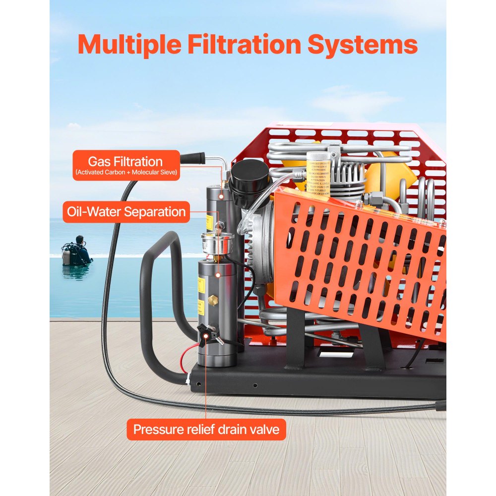 VEVOR Compresor de Aire PCP de 30 MPa para Tanque de Buceo, 60 L/min, Cuatro Cilindros, Parada Automática, con Sistema de Refrigeración por Ventilador para Paintball y Extinción de Incendios