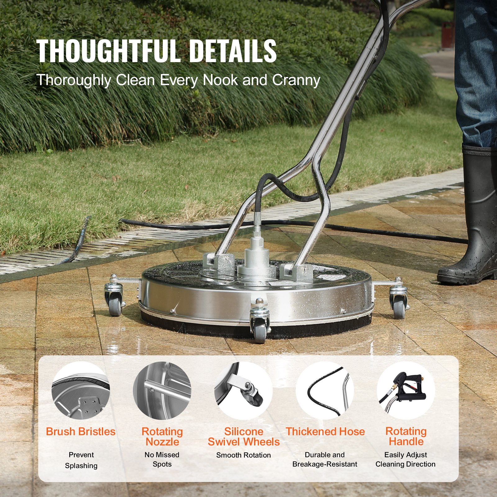 VEVOR Limpiador de Superficies para Limpiador de Alta Presión 609,6 mm Accesorio Limpiador de Suelos de Acero Inoxidable con Mango Giratorio 276 bar Conector de 0,95 cm Adaptador de 0,635cm para Patio