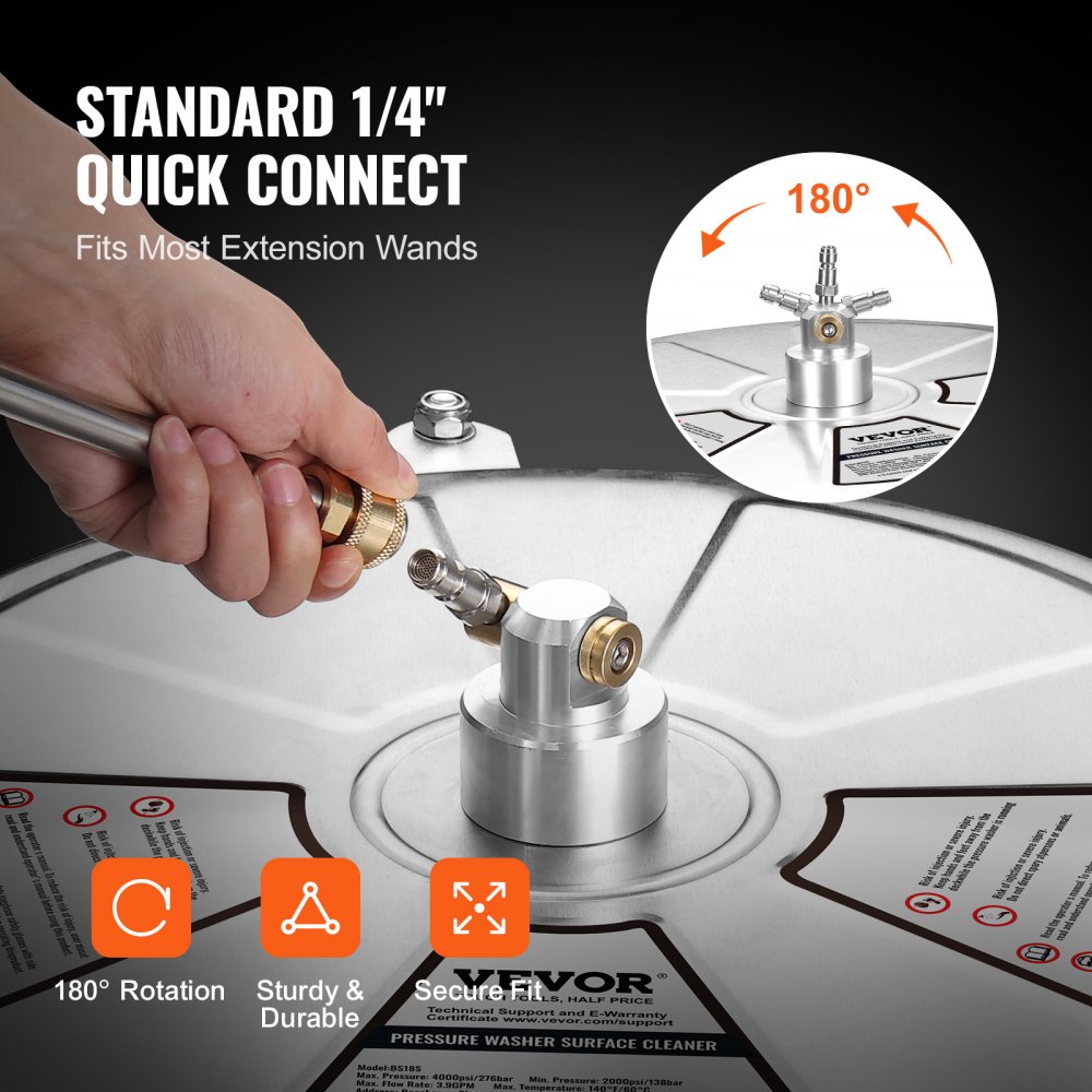 VEVOR Limpiador de Superficies para Limpiadora de Alta Presión 457,2 mm Limpiador de Suelos con Ruedas Acero Inoxidable 276 bar Conector Rápido 0,635 cm 2 Extensiones Limpiador para Entrada Patio