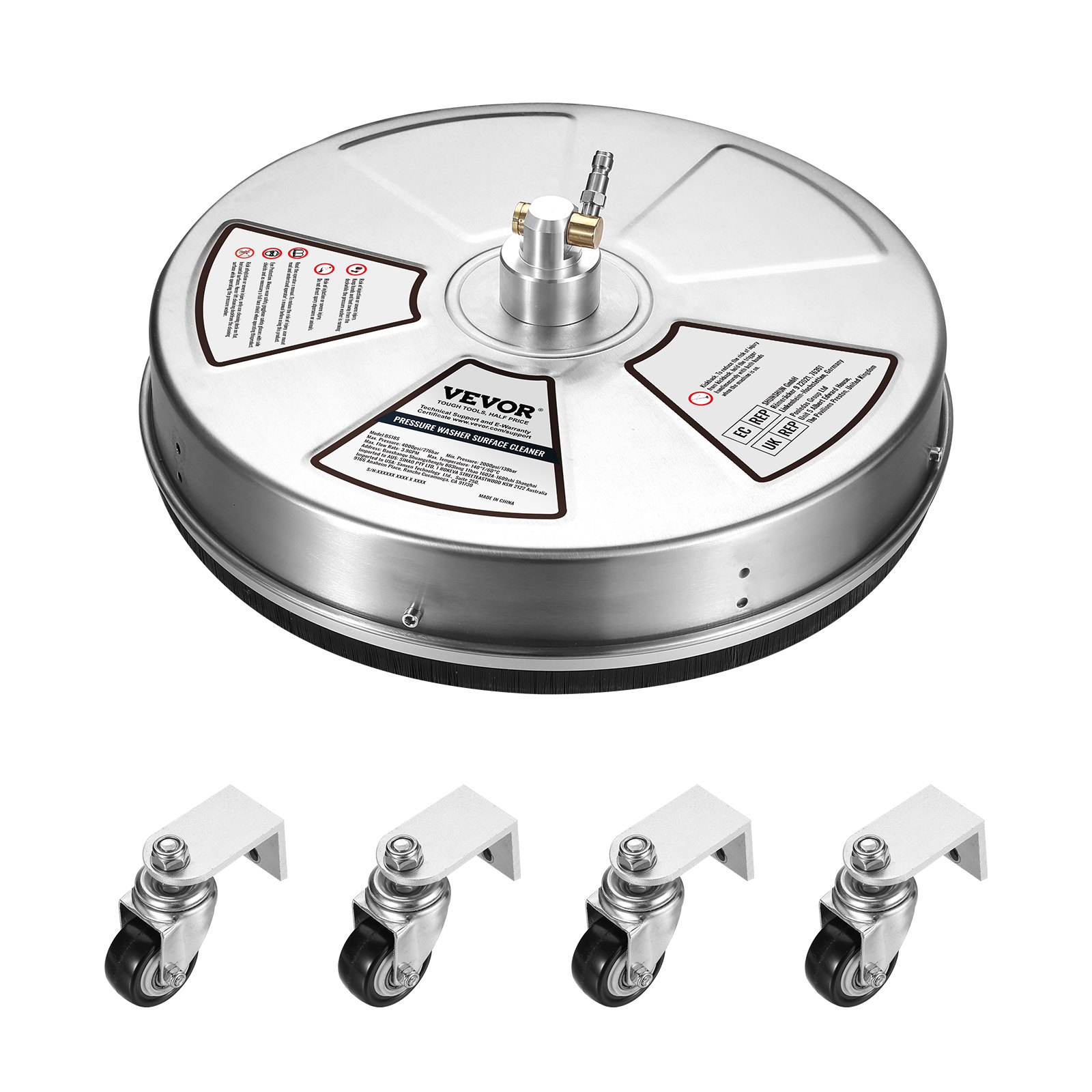 VEVOR Limpiador de Superficies para Limpiadora de Alta Presión 457,2 mm Limpiador de Suelos con Ruedas Acero Inoxidable 276 bar Conector Rápido 0,635 cm 2 Extensiones Limpiador para Entrada Patio