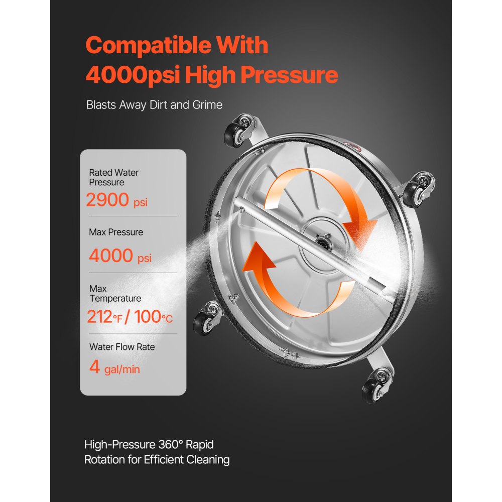 VEVOR Limpiador de superficies con hidrolavadora, acero inoxidable con 4 ruedas, 27,58 Mpa máx., 2 boquillas rociadoras, 2 varillas extendidas para concreto, patio, terraza, 465 x 465 x 157 mm