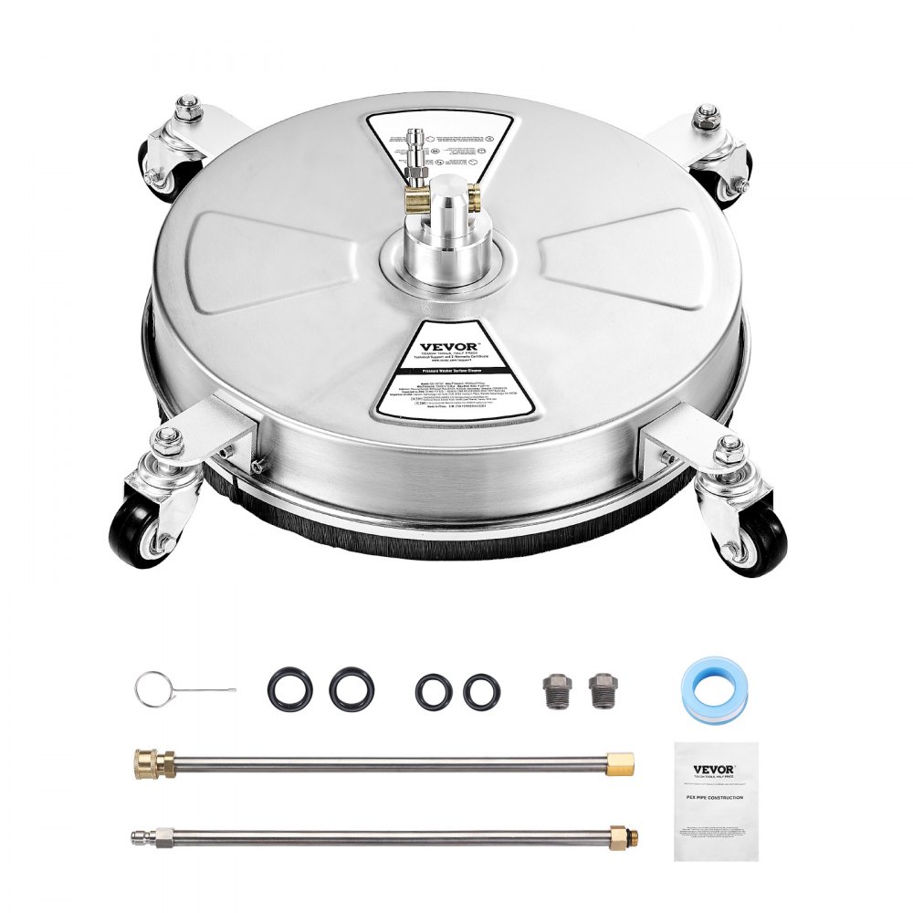 VEVOR 395 mm high-pressure cleaner surface cleaner, stainless steel high-pressure cleaner attachments with 4 wheels, 276 bar, 6.35 mm quick connection, 2 spray nozzles, 2 extended poles for concrete, patio, deck