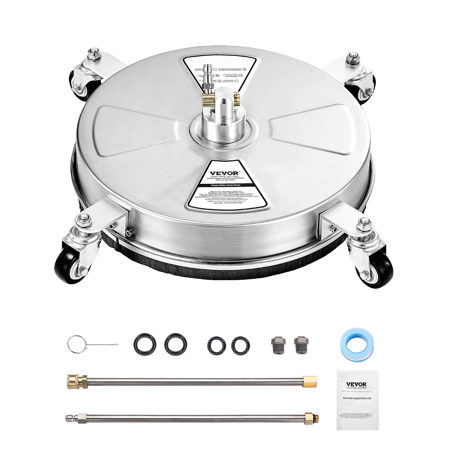 VEVOR 395 mm high-pressure cleaner surface cleaner, stainless steel high-pressure cleaner attachments with 4 wheels, 276 bar, 6.35 mm quick connection, 2 spray nozzles, 2 extended poles for concrete, patio, deck