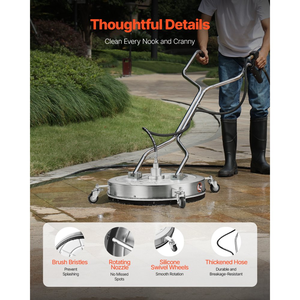 VEVOR 612 mm high-pressure cleaner surface cleaner, stainless steel surface cleaning attachment with 4 wheels, max. 310 bar, 0.95 cm connection piece, 2 spray nozzles for concrete patios and walkways