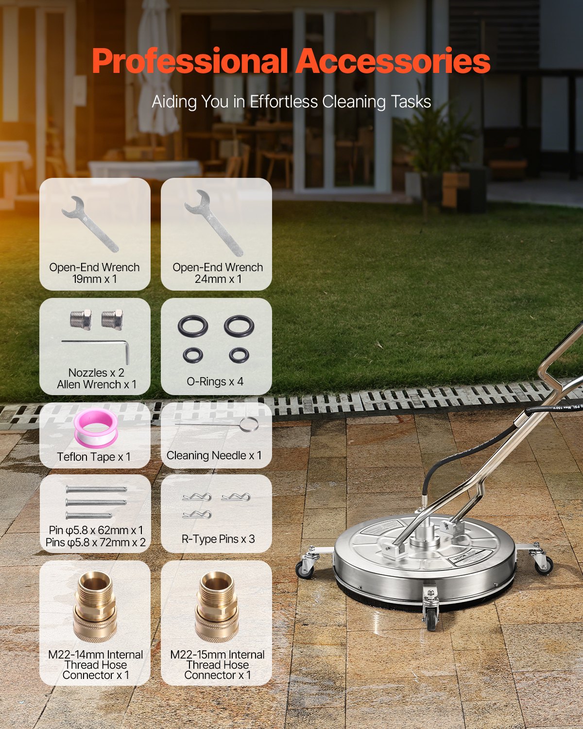 VEVOR 612 mm high-pressure cleaner surface cleaner, stainless steel surface cleaning attachment with 4 wheels, max. 310 bar, 0.95 cm connection piece, 2 spray nozzles for concrete patios and walkways