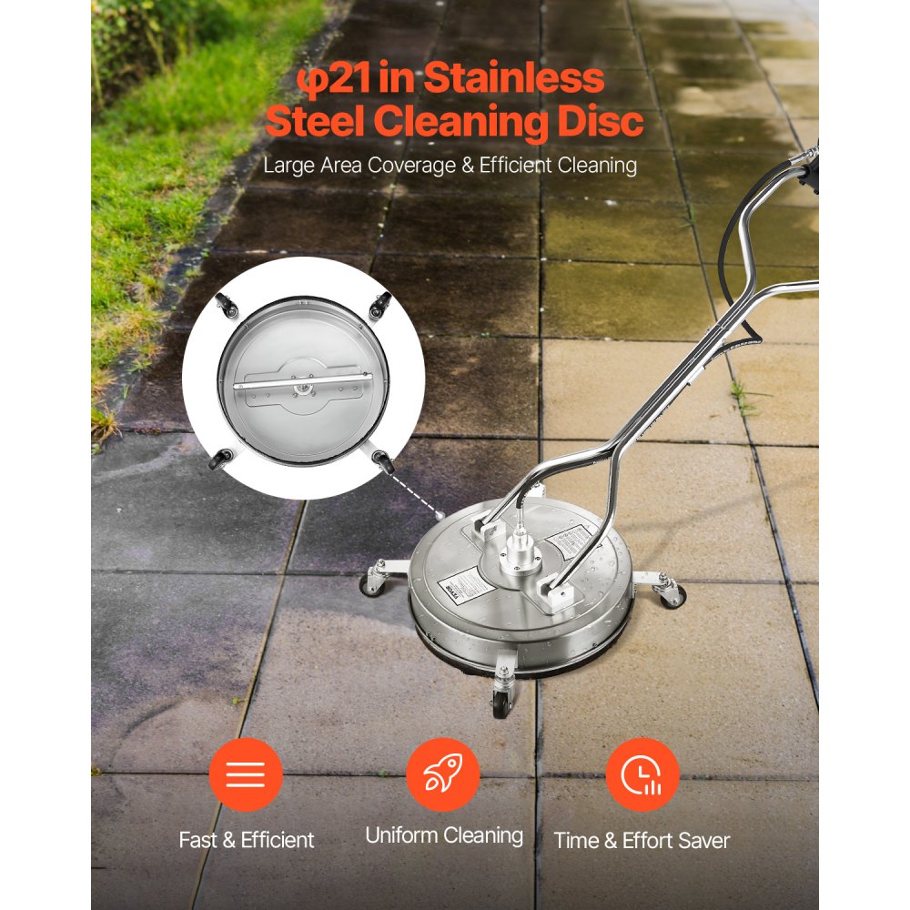 VEVOR 535 mm High-Pressure Cleaner Surface Cleaner, Stainless Steel Surface Cleaner on Wheels, 310 Bar max., 0.95 cm Connection Piece, Double Handle, 2 Nozzles, Spray for Concrete Terraces