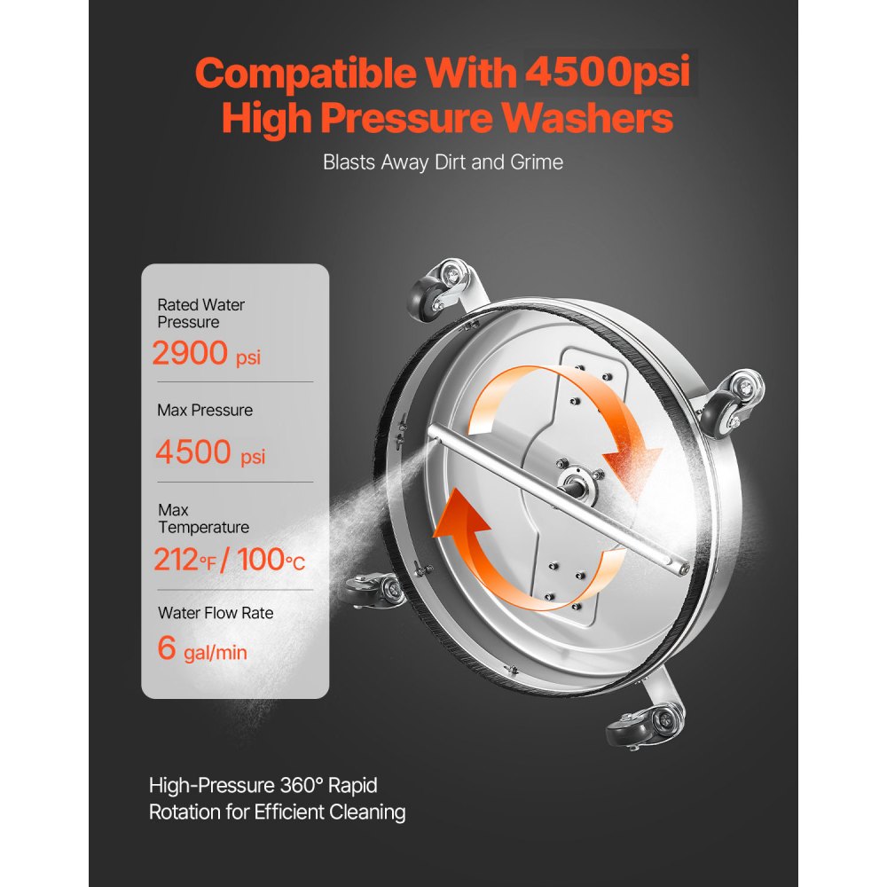 VEVOR 535 mm High-Pressure Cleaner Surface Cleaner, Stainless Steel Surface Cleaner on Wheels, 310 Bar max., 0.95 cm Connection Piece, Double Handle, 2 Nozzles, Spray for Concrete Terraces