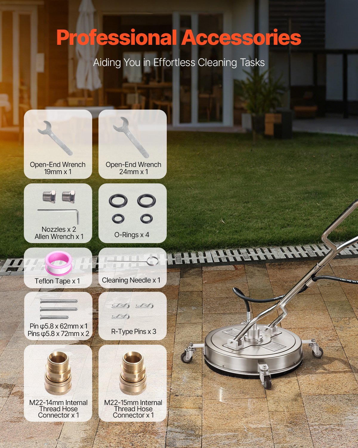 VEVOR 535 mm High-Pressure Cleaner Surface Cleaner, Stainless Steel Surface Cleaner on Wheels, 310 Bar max., 0.95 cm Connection Piece, Double Handle, 2 Nozzles, Spray for Concrete Terraces