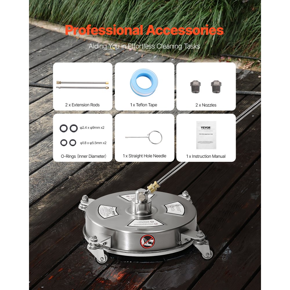VEVOR 325 mm pressure washer, surface cleaner, stainless steel surface cleaner with 4 wheels, max. 4000 PSI, 6.35 mm quick-connect fitting, 2 spray nozzles, 2 extended poles for concrete, patio, deck