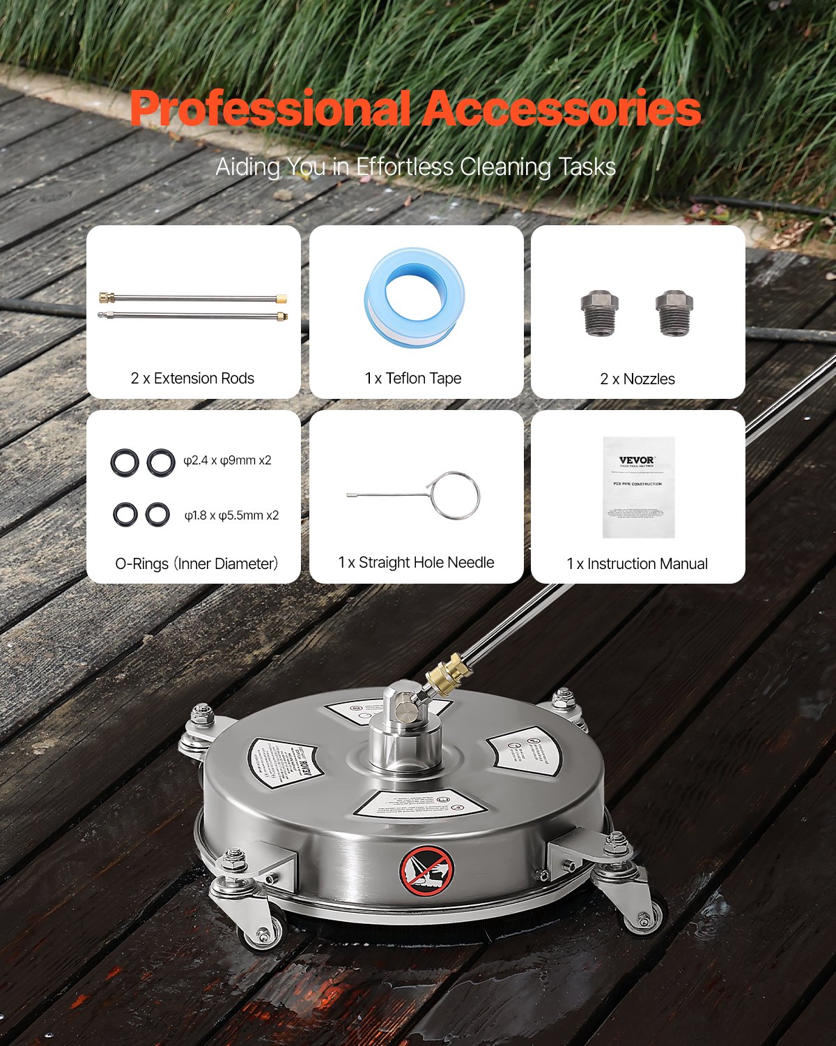 VEVOR 325 mm pressure washer, surface cleaner, stainless steel surface cleaner with 4 wheels, max. 4000 PSI, 6.35 mm quick-connect fitting, 2 spray nozzles, 2 extended poles for concrete, patio, deck