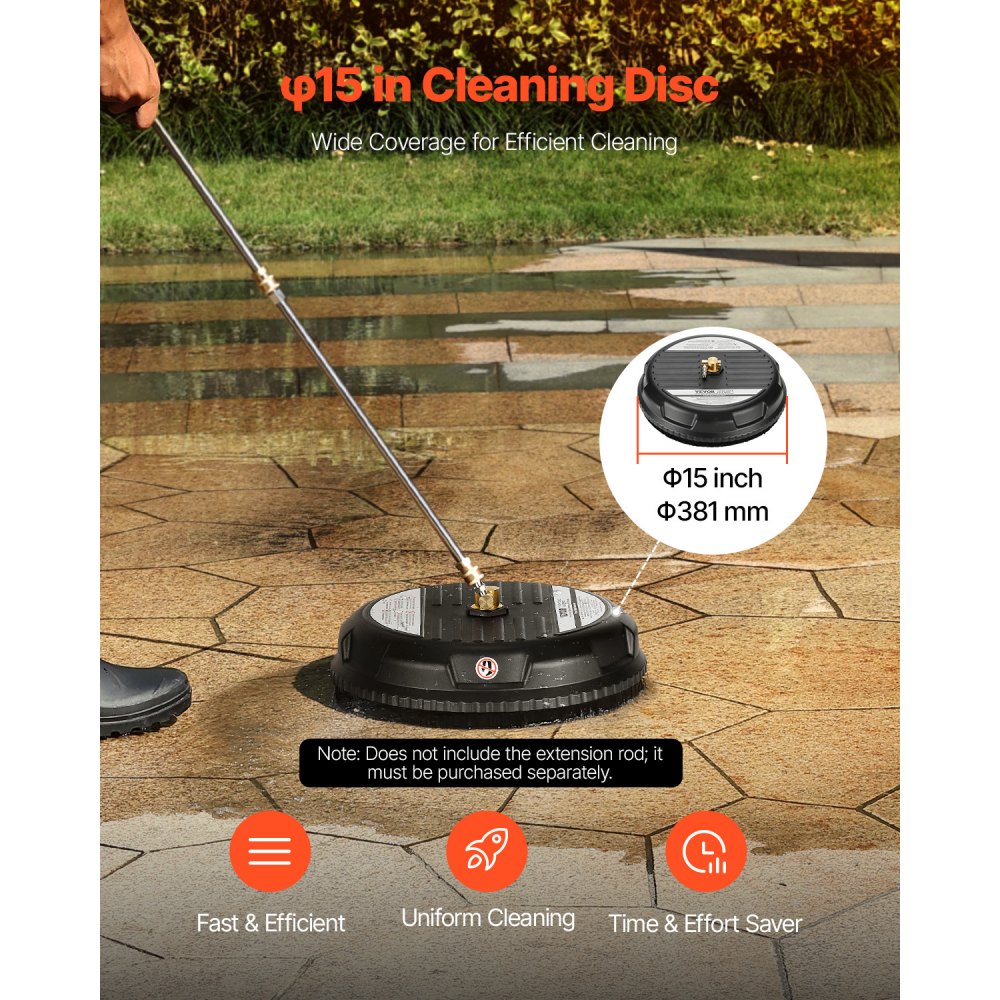 VEVOR 385 mm High-Pressure Cleaner Surface Cleaner Attachment, Plastic Surface Cleaner Attachment on Wheels, 276 Bar max., 0.635 cm Connection Piece, 2 Spray Nozzles for Concrete, Pavement, Black