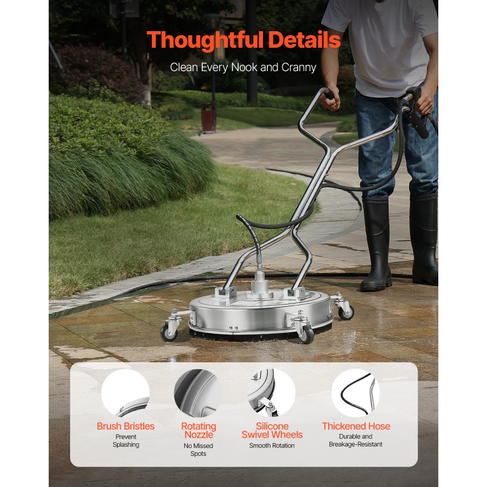 VEVOR High Pressure Washer φ520 mm Surface Cleaner, Stainless Steel Surface Cleaner with 4 Wheels, 310 bar, 3/8-inch Quick Connection, 2 Spray Nozzles, Double Handle, for Concrete, Patio, Walkway