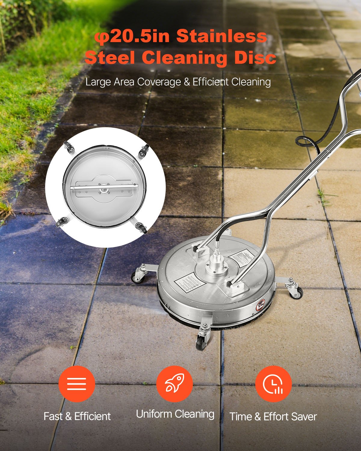 VEVOR Limpiador de Superficies con Hidrolavadora, Acero Inoxidable, 4 Ruedas, Redondo, 27,58 Mpa máx., 2 Boquillas Rociadoras, Mango Doble, para Concreto, Patio, Acera, 520 x 520 x 1500 mm, Plata