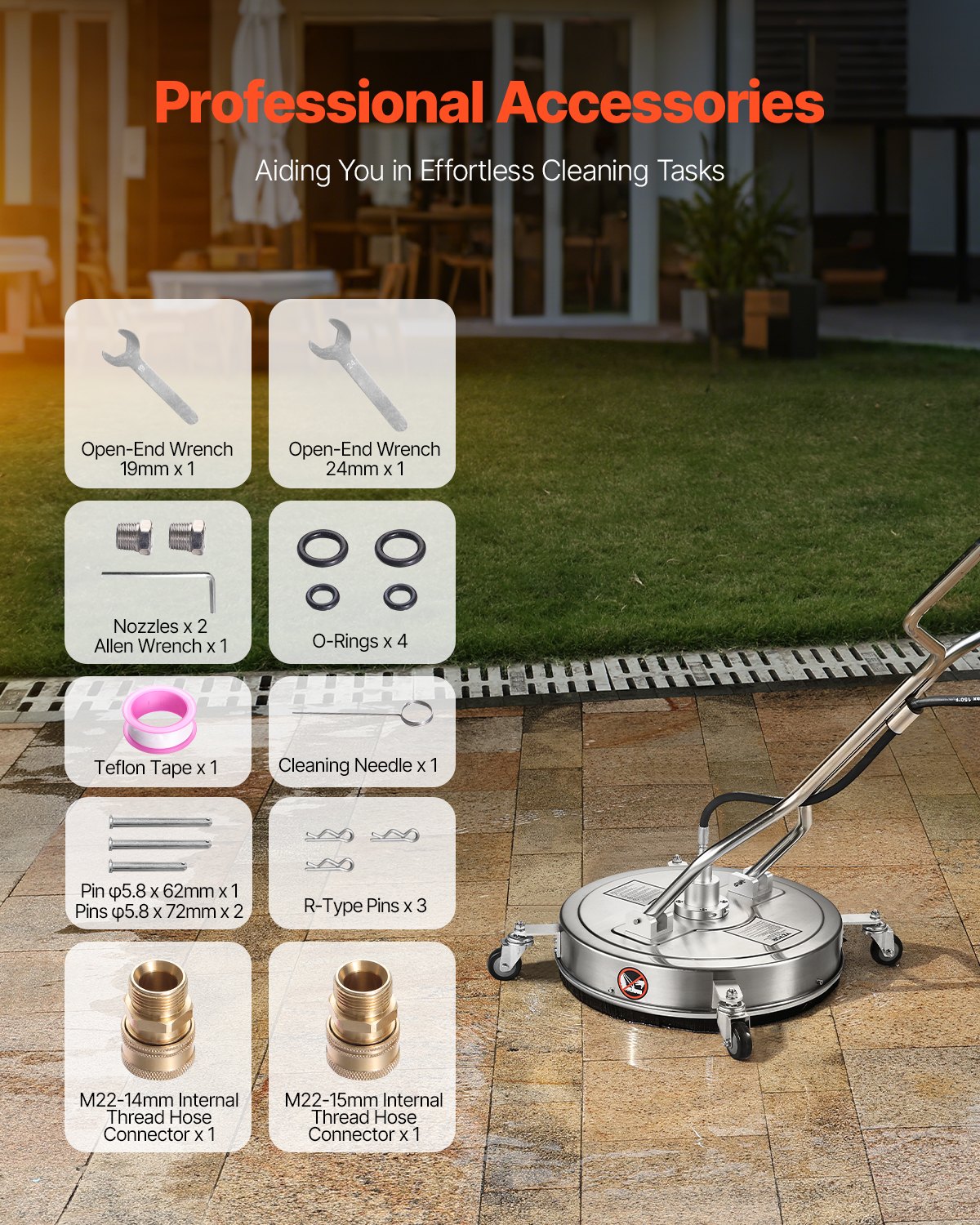 VEVOR Limpiador de Superficies con Hidrolavadora, Acero Inoxidable, 4 Ruedas, Redondo, 27,58 Mpa máx., 2 Boquillas Rociadoras, Mango Doble, para Concreto, Patio, Acera, 520 x 520 x 1500 mm, Plata
