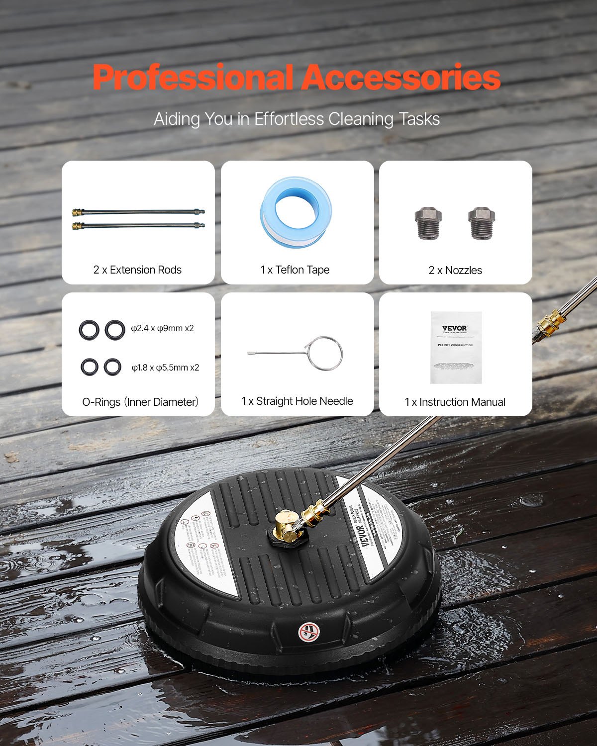 VEVOR 385 mm high-pressure cleaner surface cleaner, plastic surface cleaner on wheels, max. 276 bar, 0.635 cm connection piece, 2 spray nozzles, 2 extension poles for concrete