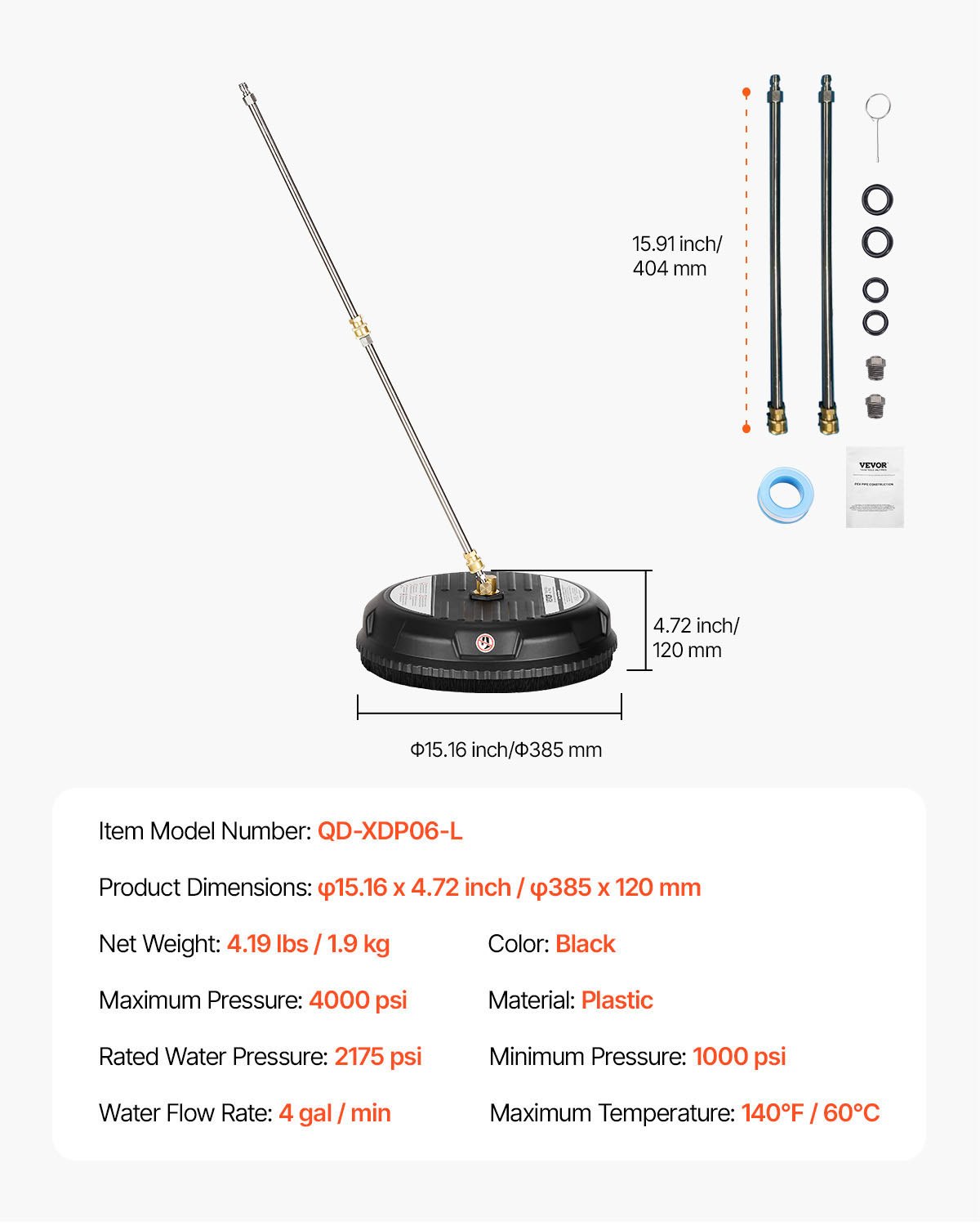 VEVOR 385 mm high-pressure cleaner surface cleaner, plastic surface cleaner on wheels, max. 276 bar, 0.635 cm connection piece, 2 spray nozzles, 2 extension poles for concrete