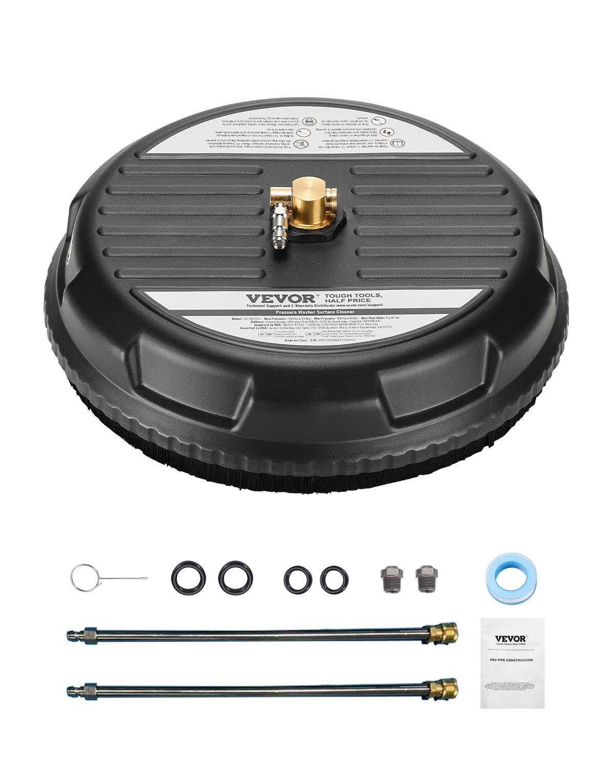VEVOR Limpiador de Superficies con Hidrolavadora, Accesorios de Plástico con 4 Ruedas, 20,68 Mpa máx., 2 Boquillas Rociadoras, 2 Varillas Extendidas para Aceras, Patios y Terrazas, φ 385 x 120 mm