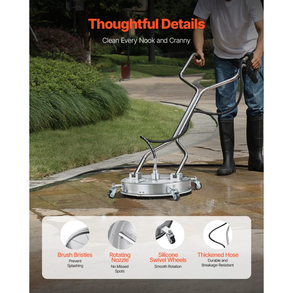 VEVOR 465 mm pressure washer, surface cleaner, stainless steel surface cleaner with 4 wheels, max. 4000 PSI, 3/8" quick-connect fitting, 2 spray nozzles, double handle, for concrete, patio, walkway