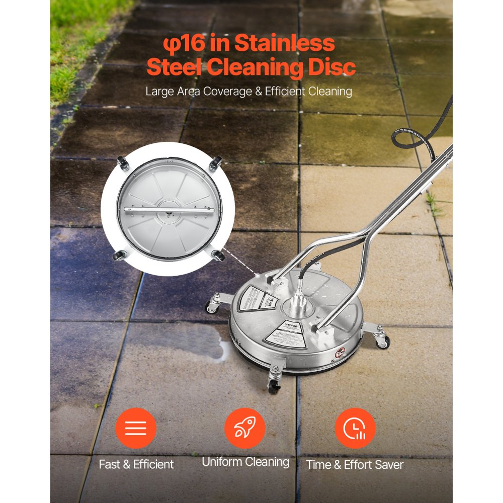 VEVOR Limpiador de Superficies con Hidrolavadora, Acero Inoxidable, 4 Ruedas, Forma Redondo, 27,58 Mpa máx., 2 Boquillas Rociadoras, Mango Doble, para Concreto, Patio, Acera, 465 x 465 x 1465 mm