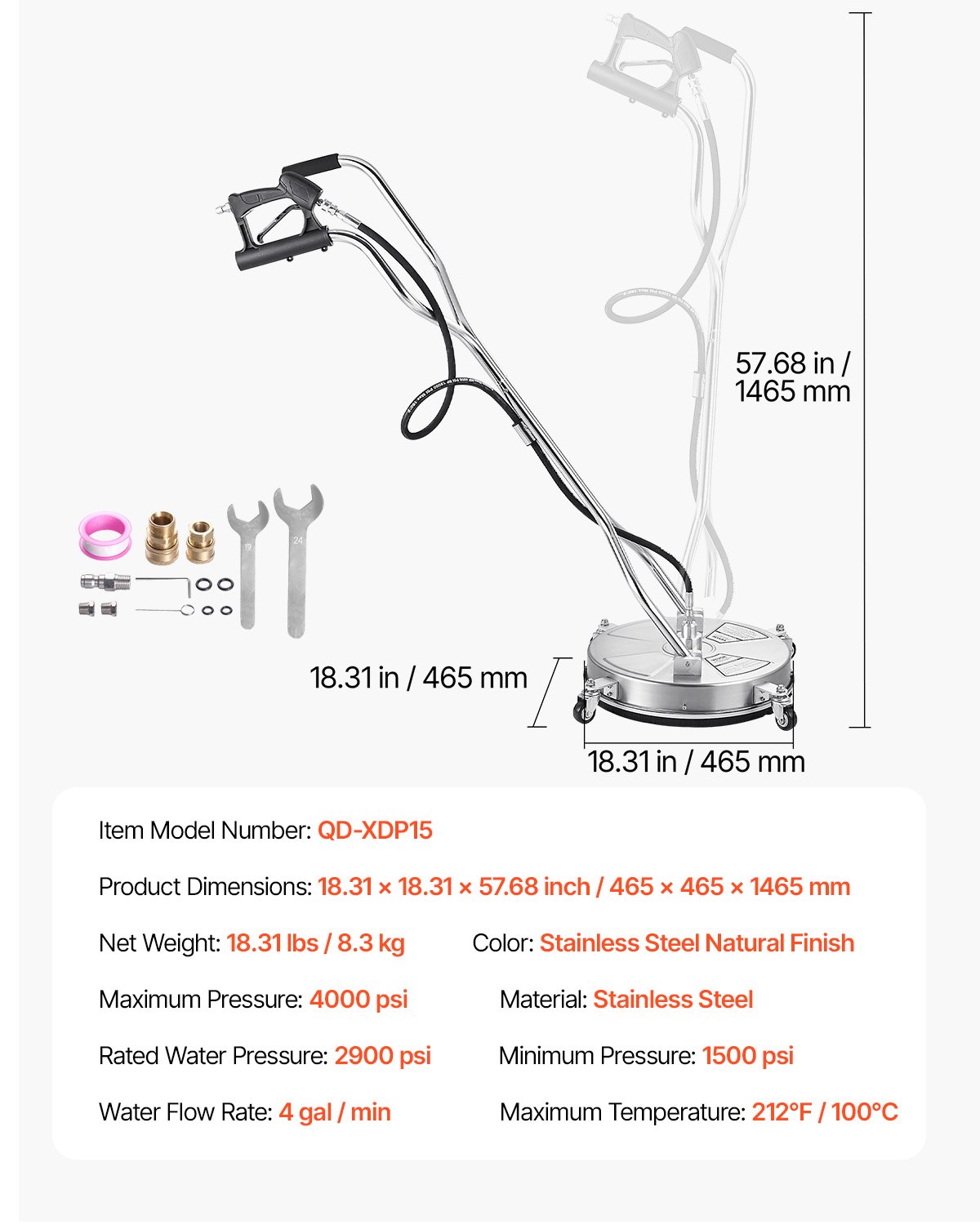 VEVOR 465 mm pressure washer, surface cleaner, stainless steel surface cleaner with 4 wheels, max. 4000 PSI, 3/8" quick-connect fitting, 2 spray nozzles, double handle, for concrete, patio, walkway
