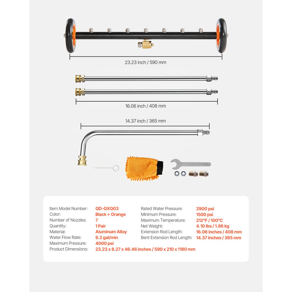 VEVOR Limpiador de Chasis de Hidrolavadora, Acero Inoxidable, 27,58 Mpa máx., Engranaje de Ajuste Ángulo, 7 Boquillas de Rociado, 2 Varillas Extendidas, para Patio, 590 x 210 x 1180 mm, Naranja