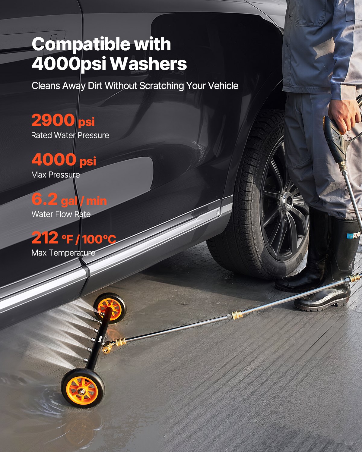 VEVOR 590 mm High Pressure Washer Underbody Cleaner, Stainless Steel Surface Cleaner, max. 4000 PSI, Angle Adjustment Gear, 7 Spray Nozzles, 2 Extended Poles for Driveway, Patio, Deck