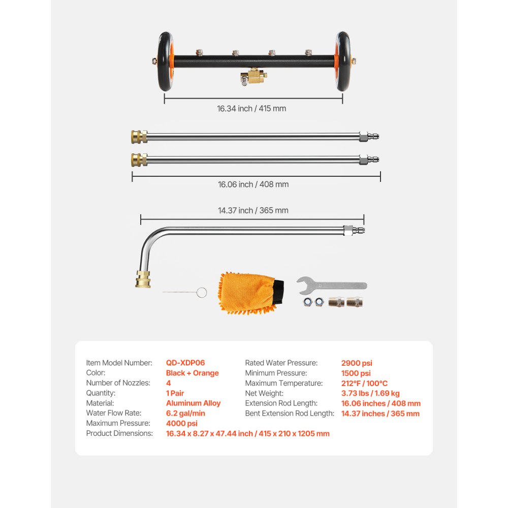 VEVOR Limpiador de Chasis de Hidrolavadora, Acero Inoxidable, 27,58 Mpa máx., Engranaje de Ajuste Ángulo, 7 Boquillas de Rociado, 2 Varillas Extendidas, para Patio, 415 x 210 x 1205 mm, Naranja
