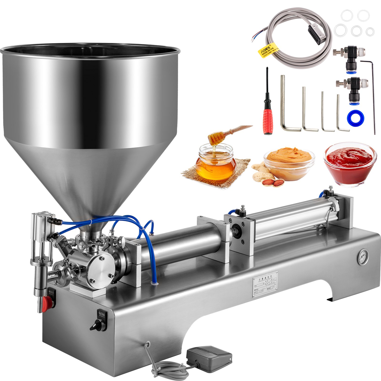 VEVOR Máquina de Llenado Líquido 100-1000mL Máquina de Relleno de Pasta Horizontal con Tolva 30L, Máquina de Llenado de Pasta Semiautomática 220V de Acero Inoxidable para Aceite/Crema/Salsa Caliente