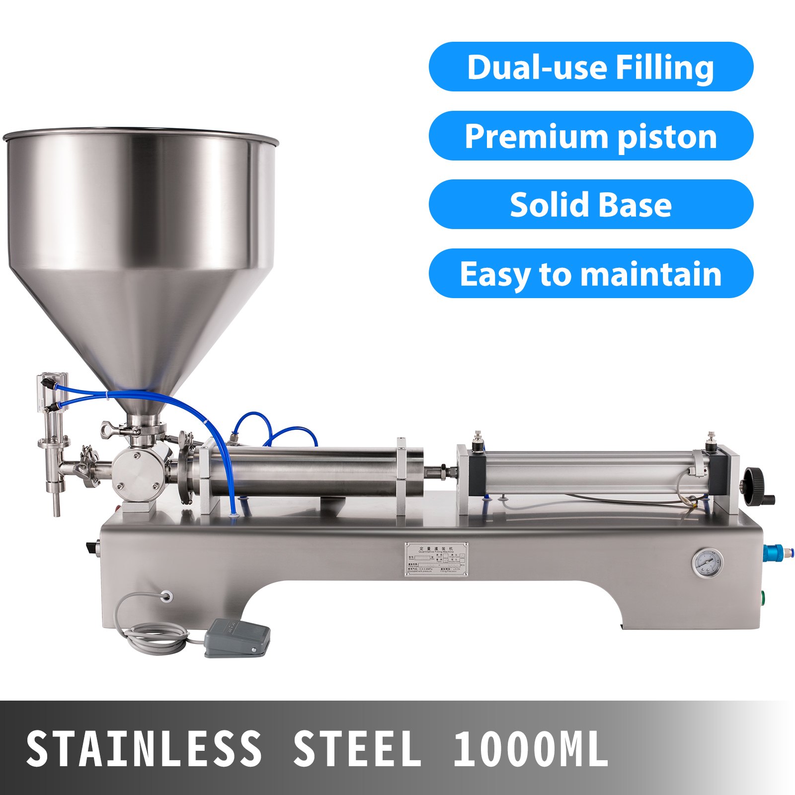 VEVOR Máquina de Llenado Líquido 100-1000mL Máquina de Relleno de Pasta Horizontal con Tolva 30L, Máquina de Llenado de Pasta Semiautomática 220V de Acero Inoxidable para Aceite/Crema/Salsa Caliente