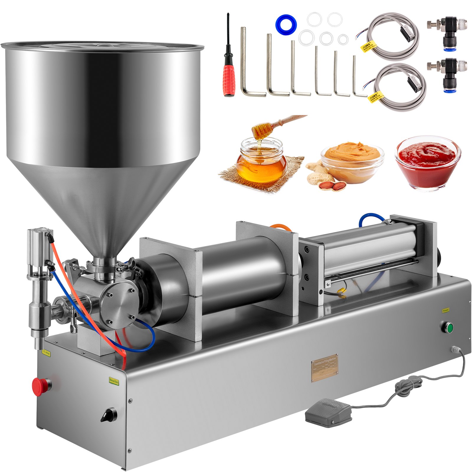 VEVOR Máquina de Llenadora Neumática de Pistón 500-3000 ml Llenadora de Pistón Neumático 220 V / 50 Hz Máquina de Llenado de Pasta con Cabezal único y Volumen de Tolva 40 L, para Agua / Vino / Leche