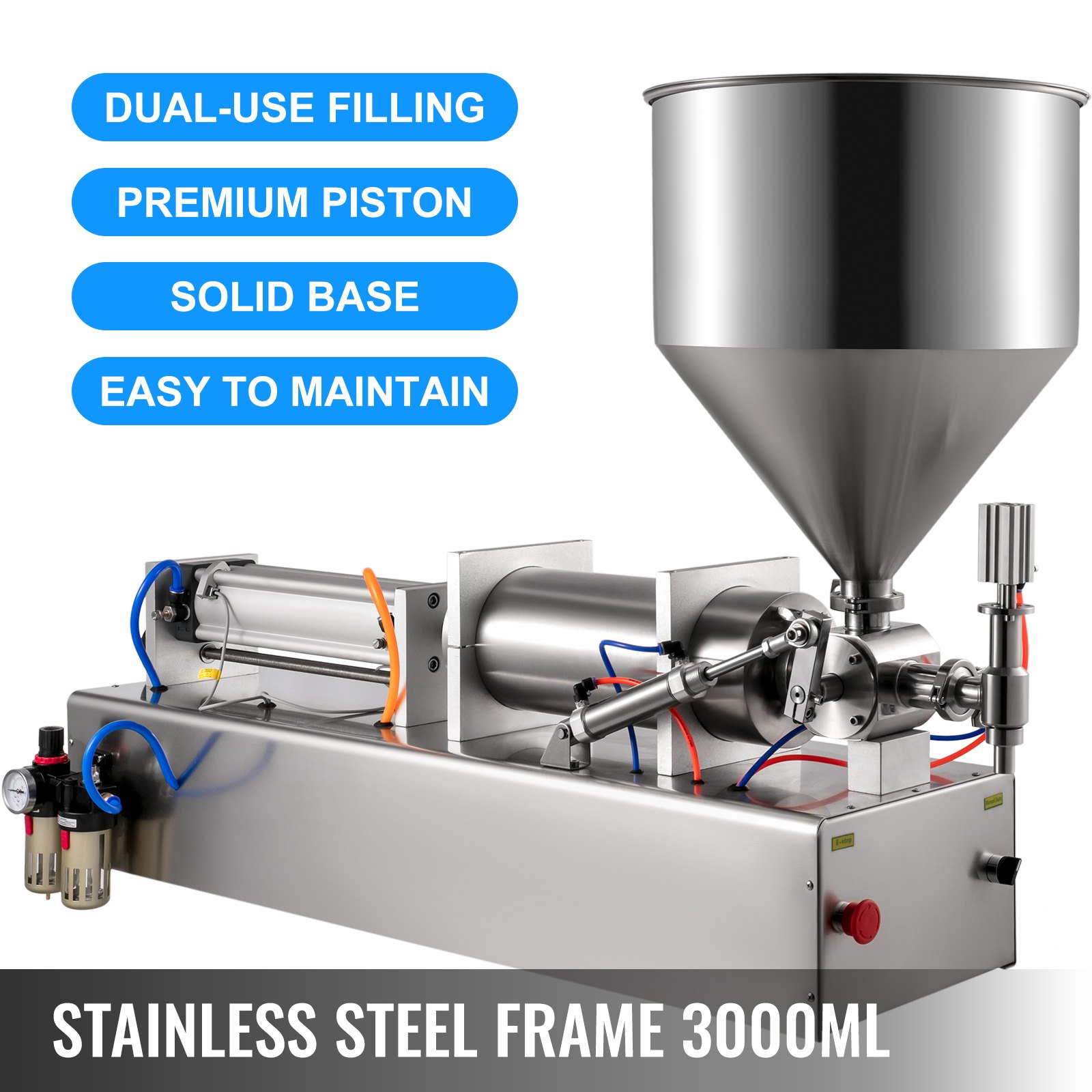 VEVOR Máquina de Llenadora Neumática de Pistón 500-3000 ml Llenadora de Pistón Neumático 220 V / 50 Hz Máquina de Llenado de Pasta con Cabezal único y Volumen de Tolva 40 L, para Agua / Vino / Leche