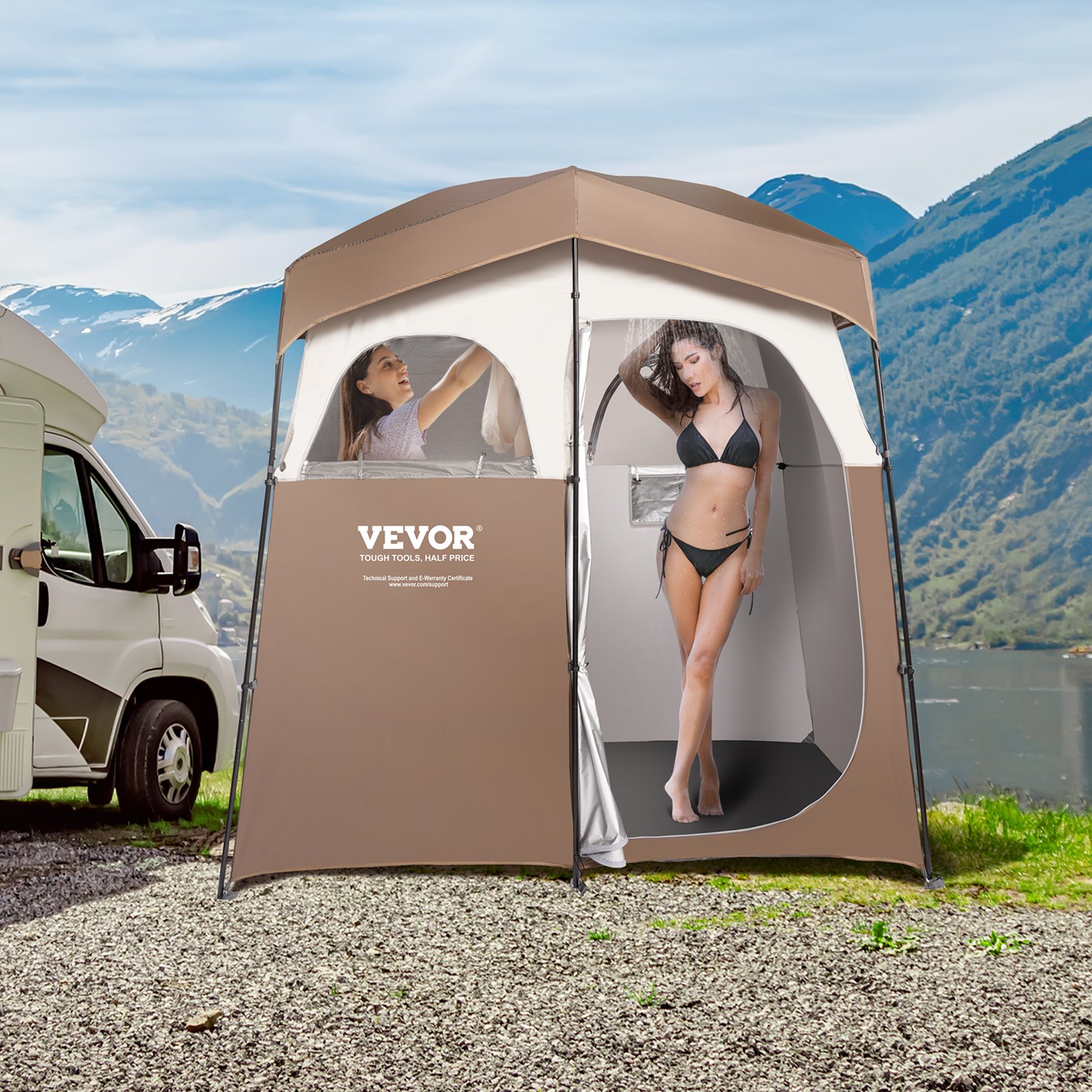 VEVOR Tienda de Campaña con Ducha, 210,8 x 106,7 x 210,8 cm, Cabina de Ducha Portátil para Exteriores, con Parte Superior Extraíble, Bolsillos, Cuerda para Colgar, Tendedero, Vestuario para Inodoro
